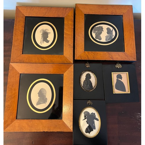 1384 - Six framed 19th and 20thC silhouettes to include one on wax. Largest 24cm x 24cm including frame.