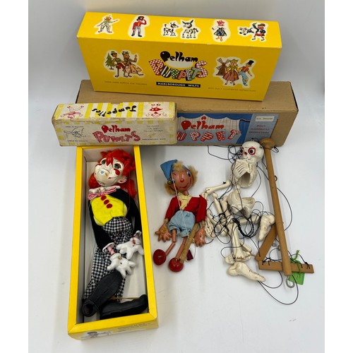 1149 - Pelham Puppets to include a vintage Noddy, SL17 'Bimbo' clown and SL18 Skeleton. (3)