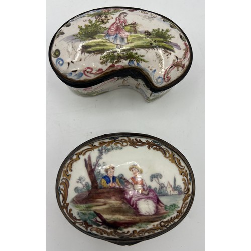 1280 - Two 19thC French boxes, one hand painted enamel marked Veuve Perrin. 8cm x 4.5cm, the other porcelai... 