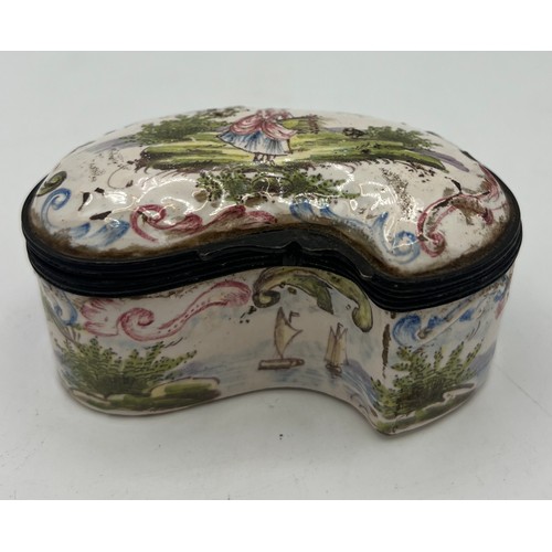 1280 - Two 19thC French boxes, one hand painted enamel marked Veuve Perrin. 8cm x 4.5cm, the other porcelai... 