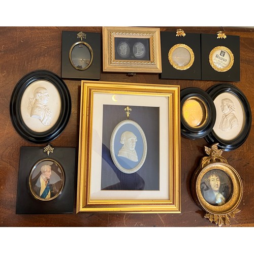 1380 - A collection of miniatures, silhouettes and frames to include Wedgwood plaque depicting George Stubb... 