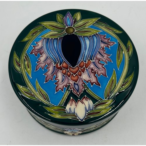 244 - A Moorcroft lidded bowl in the 'Saadian' pattern designed by Shirley Hayes, dated 2001, 8.5cm h.