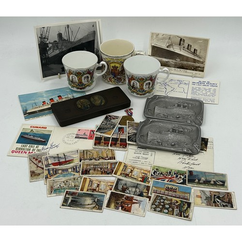 910 - R.M.S. Queen Mary related memorabilia: 2 x metal ashtrays, 2 x postcards, 2 x photos, a commemorativ... 