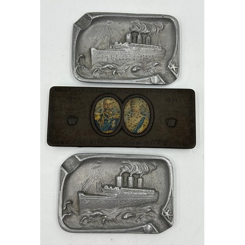 910 - R.M.S. Queen Mary related memorabilia: 2 x metal ashtrays, 2 x postcards, 2 x photos, a commemorativ... 