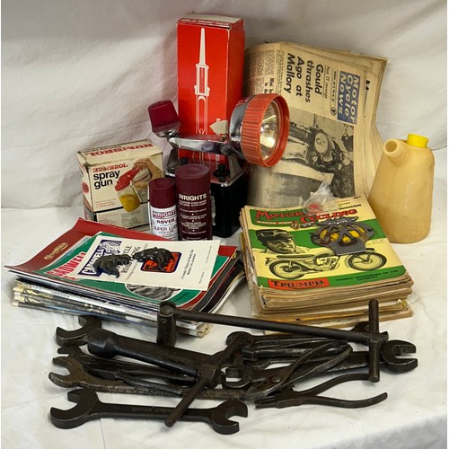 1283 - A quantity of car related memorabilia to include spanners, Motor Cycle News 1960's, Motor Cycling ma... 