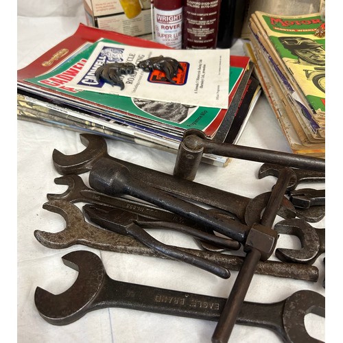 1283 - A quantity of car related memorabilia to include spanners, Motor Cycle News 1960's, Motor Cycling ma... 