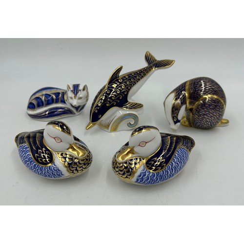 392 - Five Royal Crown Derby Paperweights to include Swimming Dolphin, Mother Fox, Badger and 2 x Wigeon D... 