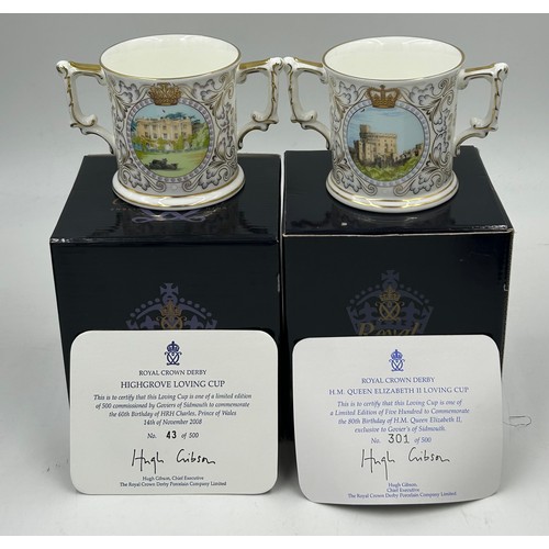 393 - Royal Crown Derby commemorative Loving Cups to include Highgrove 43/500, H.M Queen Elizabeth II 301/... 