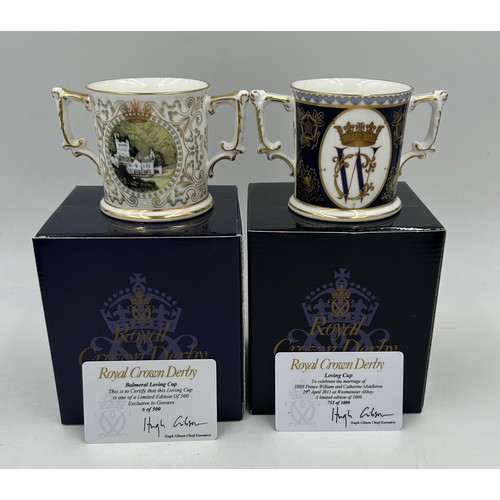 393 - Royal Crown Derby commemorative Loving Cups to include Highgrove 43/500, H.M Queen Elizabeth II 301/... 