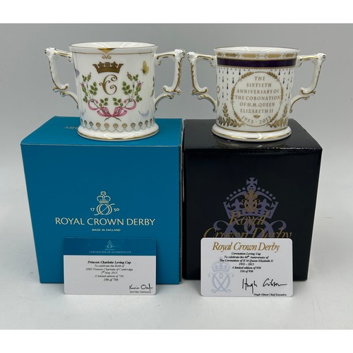 393 - Royal Crown Derby commemorative Loving Cups to include Highgrove 43/500, H.M Queen Elizabeth II 301/... 