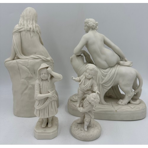 224 - Collection of Parianware figures to include a girl seated with goat on her lap 32cm h, Ariadne and T... 