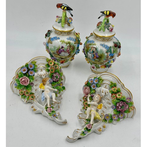 226 - A pair of Dresden floral lidded vases with classical and floral scenes and applied floral, fruit and... 