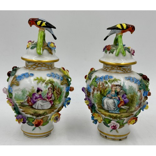 226 - A pair of Dresden floral lidded vases with classical and floral scenes and applied floral, fruit and... 