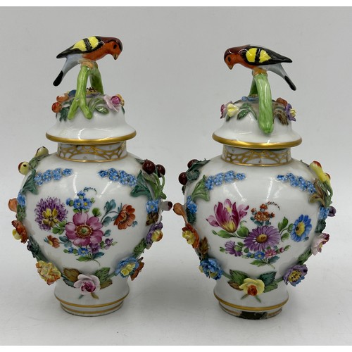 226 - A pair of Dresden floral lidded vases with classical and floral scenes and applied floral, fruit and... 