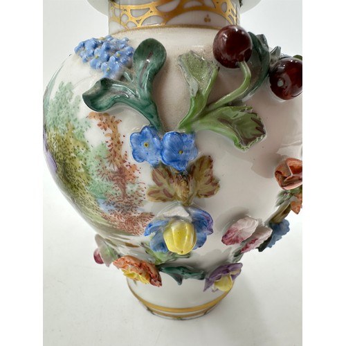 226 - A pair of Dresden floral lidded vases with classical and floral scenes and applied floral, fruit and... 