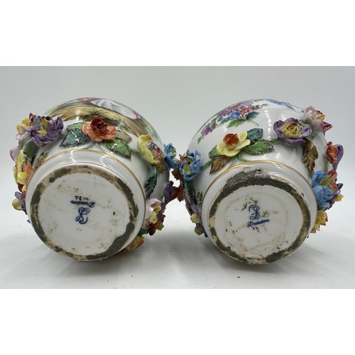 226 - A pair of Dresden floral lidded vases with classical and floral scenes and applied floral, fruit and... 