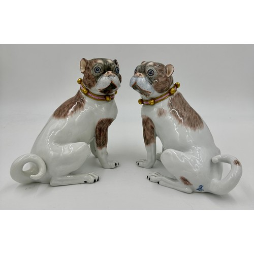 227 - A pair of Dresden pug dogs, pink collars with gold bells, printed marks in blue to base and serial n... 