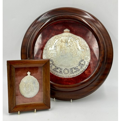 1286 - A Mother of Pearl carved nativity scene from Jerusalem in a mahogany circular glazed frame with a re... 