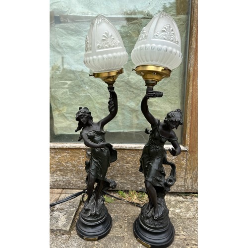 1018 - Two early 20thC style figurine lamps of Charmeuse and Le Rythme de la Vague after L. Moreau, holding... 