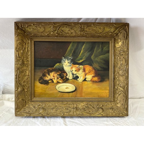 1396 - An oil on canvas of three kittens observing a bug in a dish of milk in an Art Nouveau frame. Signed ... 