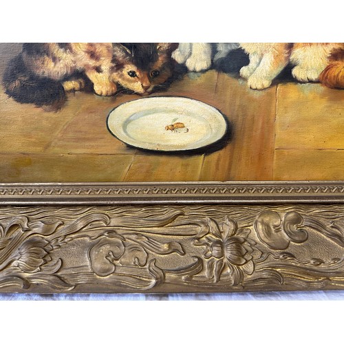 1396 - An oil on canvas of three kittens observing a bug in a dish of milk in an Art Nouveau frame. Signed ... 