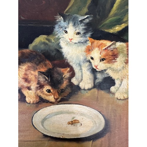 1396 - An oil on canvas of three kittens observing a bug in a dish of milk in an Art Nouveau frame. Signed ... 