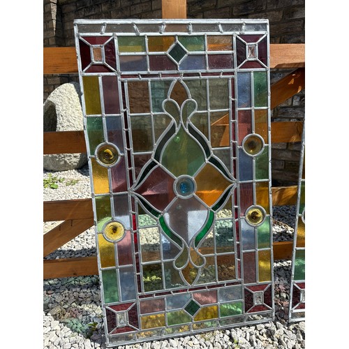 421 - Two colourful leaded stained glass rectangular window panels, custom made by the late Ian Addy from ... 