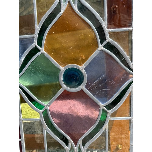 421 - Two colourful leaded stained glass rectangular window panels, custom made by the late Ian Addy from ... 