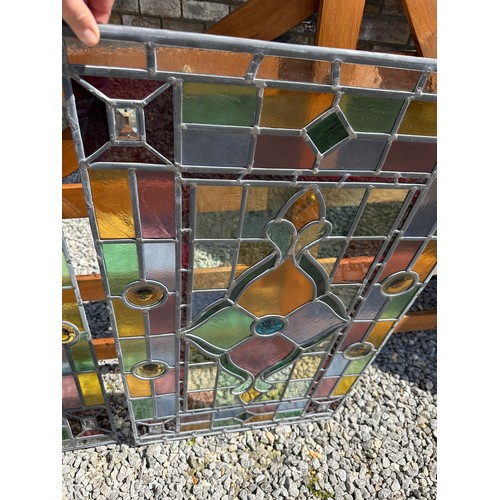 421 - Two colourful leaded stained glass rectangular window panels, custom made by the late Ian Addy from ... 