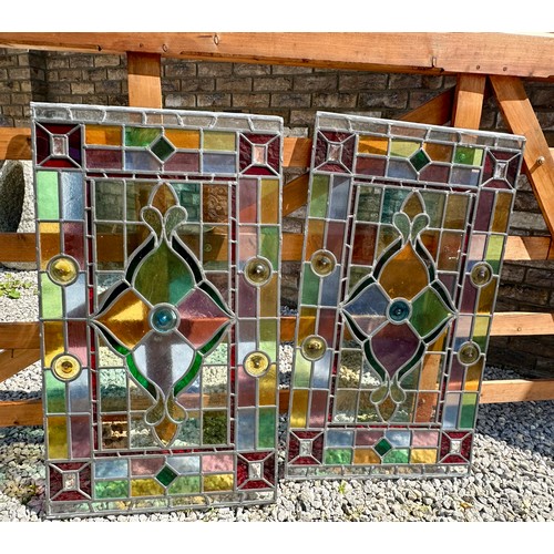 421 - Two colourful leaded stained glass rectangular window panels, custom made by the late Ian Addy from ... 