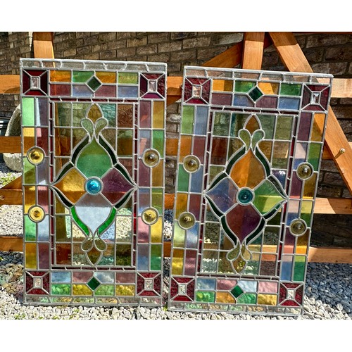 421 - Two colourful leaded stained glass rectangular window panels, custom made by the late Ian Addy from ... 