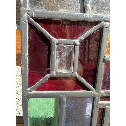 421 - Two colourful leaded stained glass rectangular window panels, custom made by the late Ian Addy from ... 