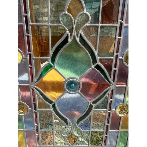 421 - Two colourful leaded stained glass rectangular window panels, custom made by the late Ian Addy from ... 