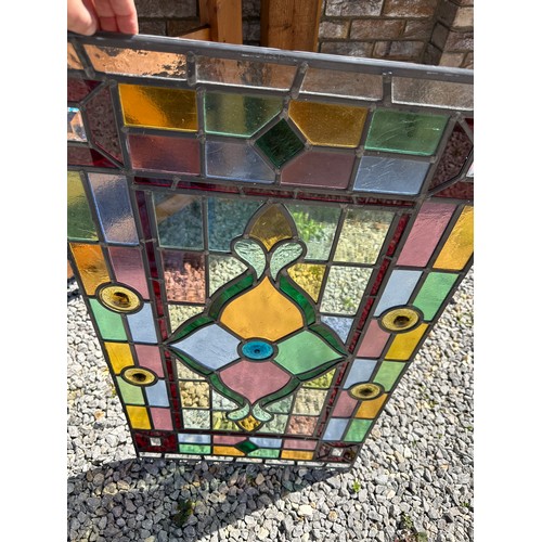 421 - Two colourful leaded stained glass rectangular window panels, custom made by the late Ian Addy from ... 