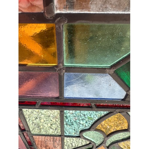 421 - Two colourful leaded stained glass rectangular window panels, custom made by the late Ian Addy from ... 