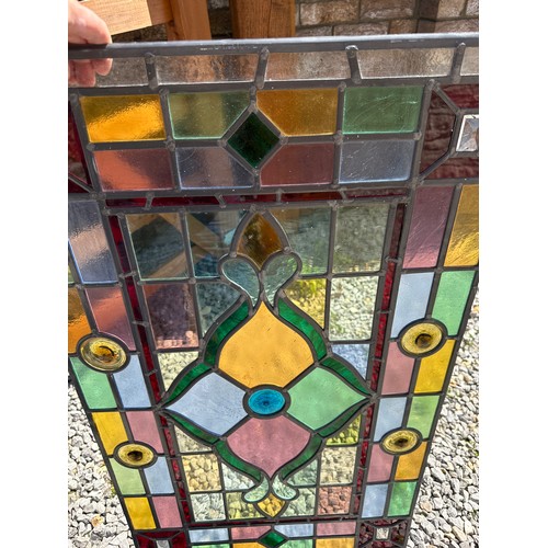 421 - Two colourful leaded stained glass rectangular window panels, custom made by the late Ian Addy from ... 