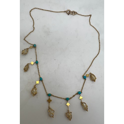 687 - A 9 carat gold chain necklace set with turquoise and pearls. Chain 33cm l. Weight 5.1gm.