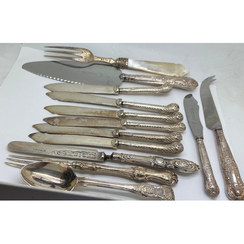 757 - Silver and plated cutlery to include 6 silver handled knives, silver and mother of pearl fork, silve... 