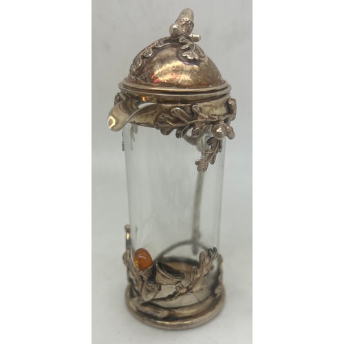 763 - Dutch white metal coaster maker VK, .925 and glass jug decorated with acorns and amber and two horn ... 