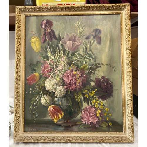 1397 - Thomas G. Hill (British 20thC) oil on canvas, a framed still life of flowers. Image size 60 x 50cm.