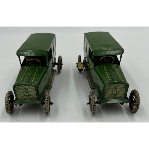 1151 - Two Lehmann No.765 Sedans, tinplate and clockwork models finished in green and cream with single fix... 