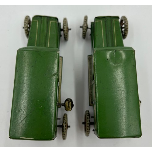 1151 - Two Lehmann No.765 Sedans, tinplate and clockwork models finished in green and cream with single fix... 