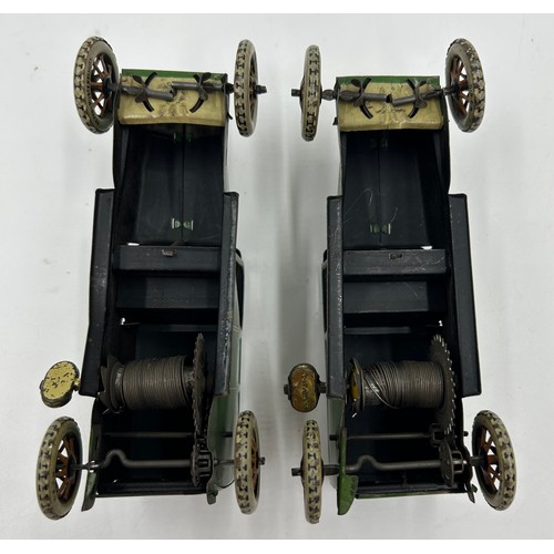 1151 - Two Lehmann No.765 Sedans, tinplate and clockwork models finished in green and cream with single fix... 