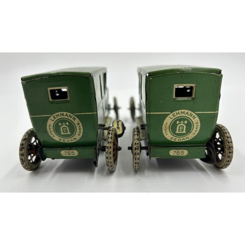 1151 - Two Lehmann No.765 Sedans, tinplate and clockwork models finished in green and cream with single fix... 