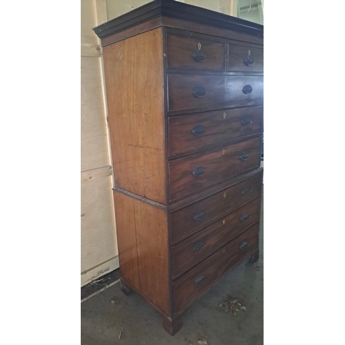 61 - A 19thC mahogany chest on chest on bracket feet with brass handles. 174cm h x 107cm w x 51cm d.