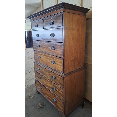 61 - A 19thC mahogany chest on chest on bracket feet with brass handles. 174cm h x 107cm w x 51cm d.