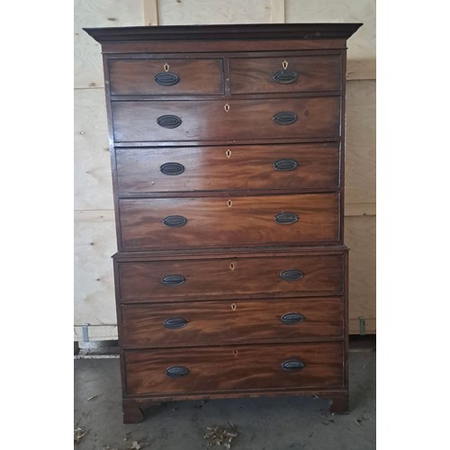 61 - A 19thC mahogany chest on chest on bracket feet with brass handles. 174cm h x 107cm w x 51cm d.