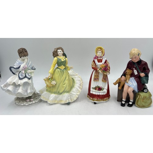 212 - Three Royal Doulton and one Coalport figure to include Royal Doulton April HN 3693, Old Country Rose... 