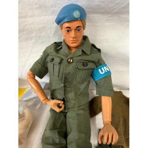 1205 - Palitoy Action Man UN Peace Force, blonde flock hair, armband and other accessories to include Rifle... 