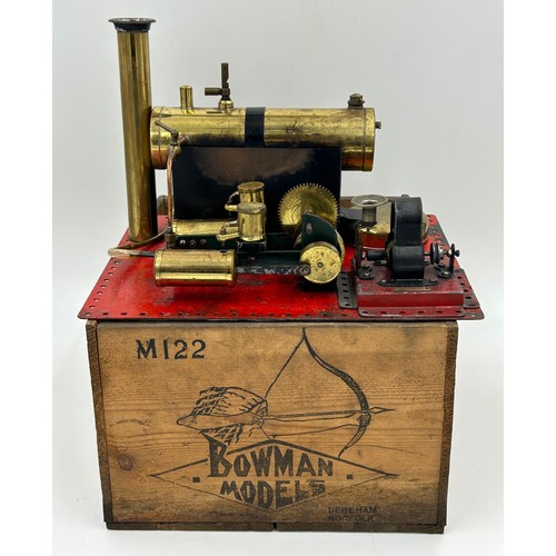 1294 - A Bowmans Stationary Live Steam Engine Model mounted on a metal plate 28cm x 23cm with original wood... 